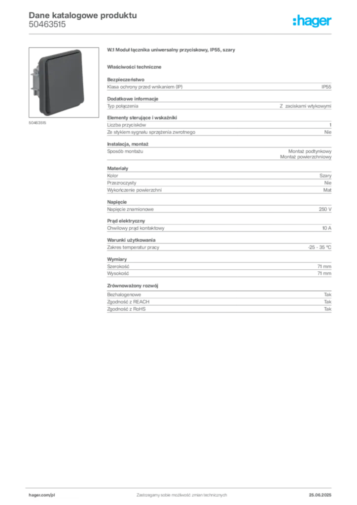 Zdjęcie Hager Dane katalogowe produktu 50463515 | Hager Polska