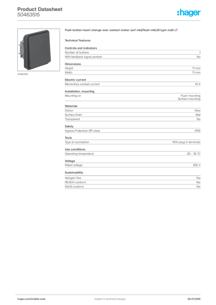 Image Hager Product data sheet 50463515  | Hager