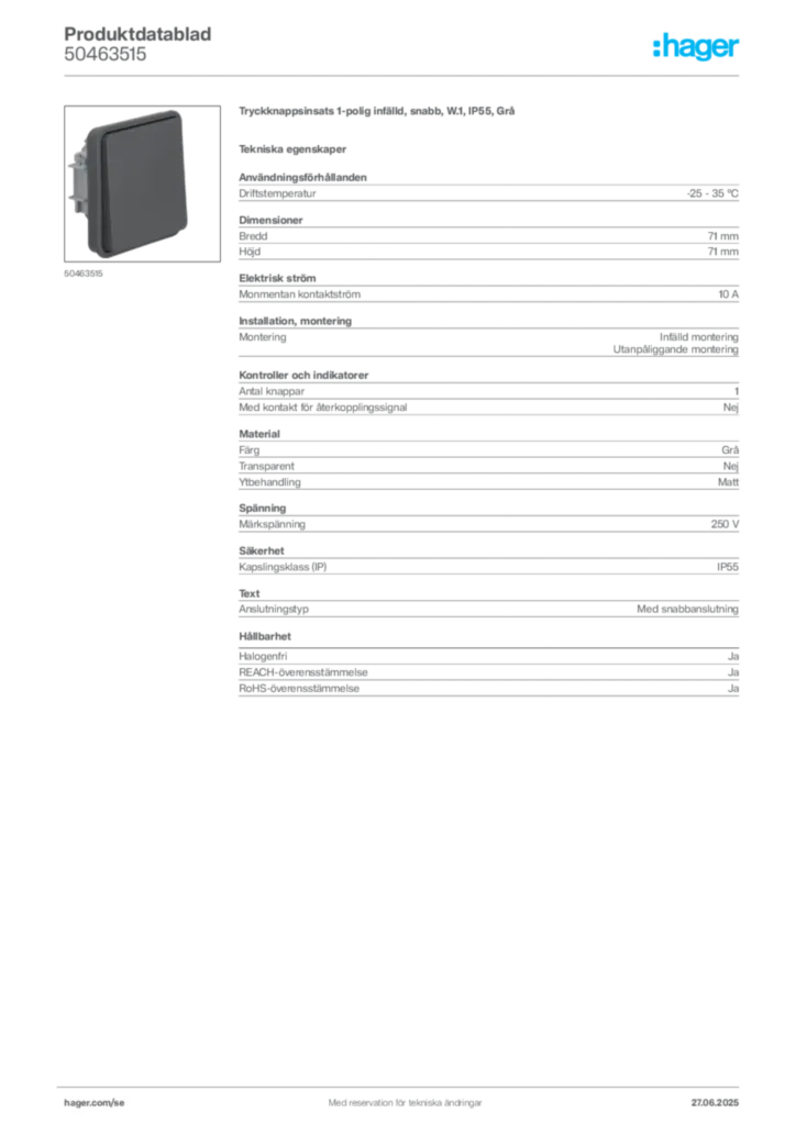 Bild Hager Produktdatablad 50463515 | Hager Sverige