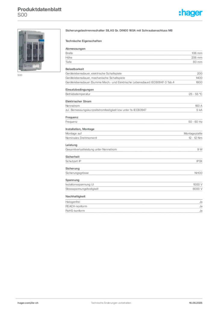 Bild Hager Produktdatenblatt S00 | Hager Schweiz