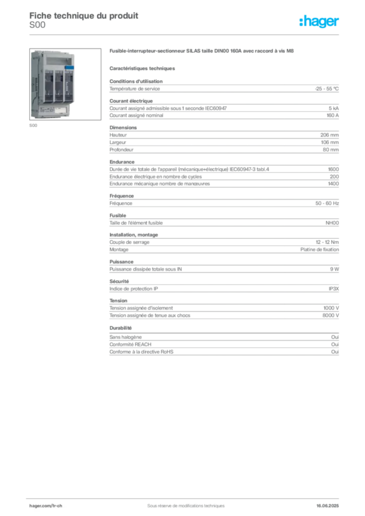 Image Hager Fiche technique du produit S00 | Hager Suisse