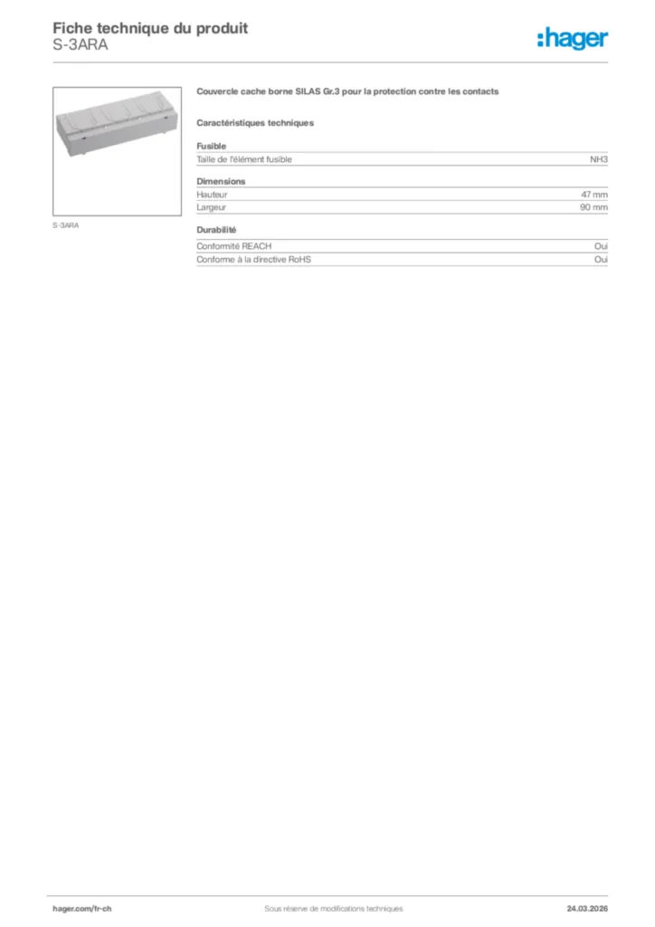 Image Hager Fiche technique du produit S-3ARA | Hager Suisse