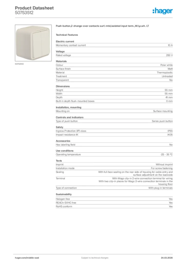 Image Hager Product data sheet 50753512  | Hager