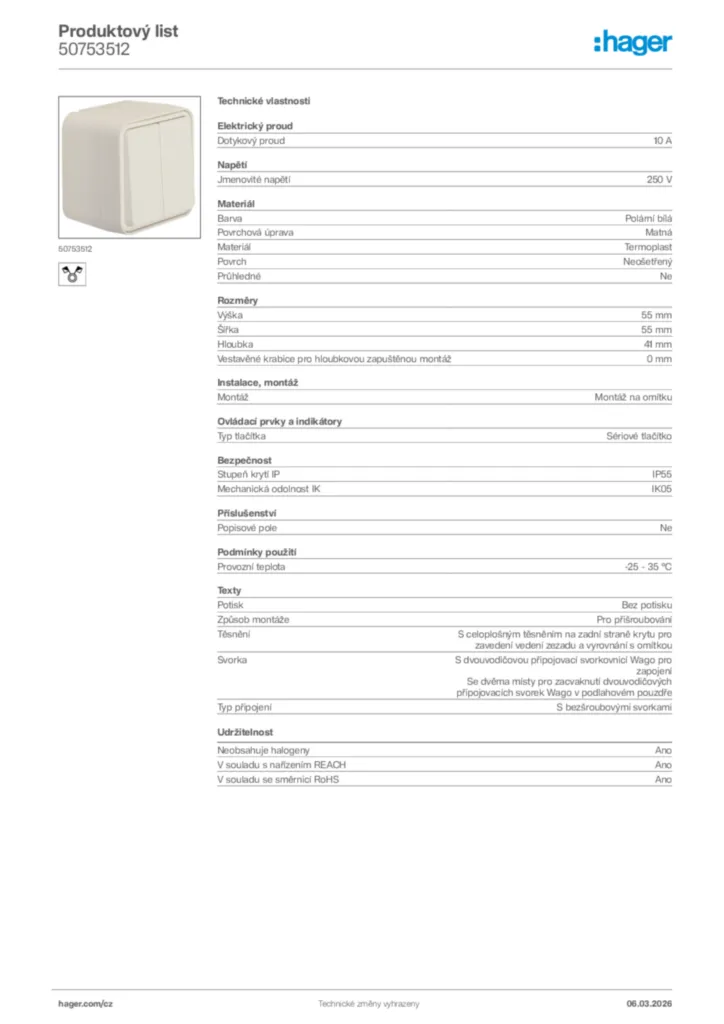 Obrázek Hager Product data sheet 50753512 | Hager