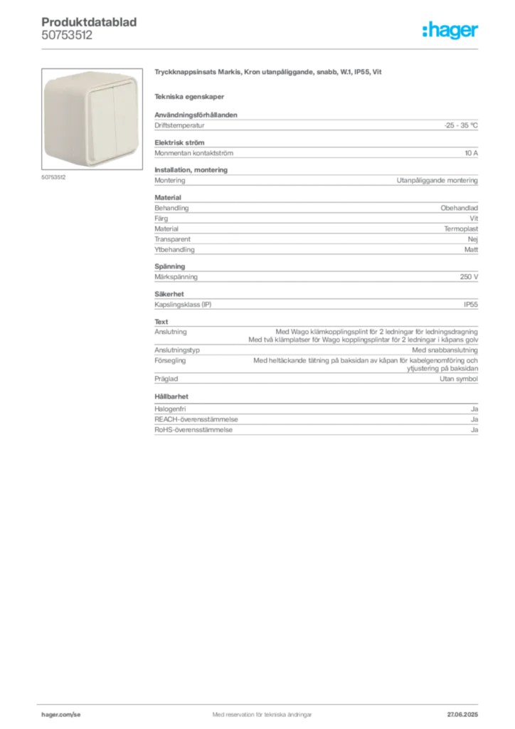 Bild Hager Produktdatablad 50753512 | Hager Sverige