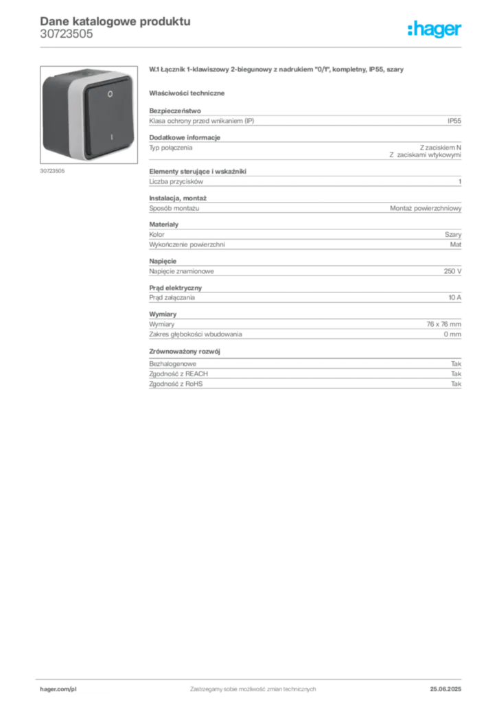 Zdjęcie Hager Dane katalogowe produktu 30723505 | Hager Polska
