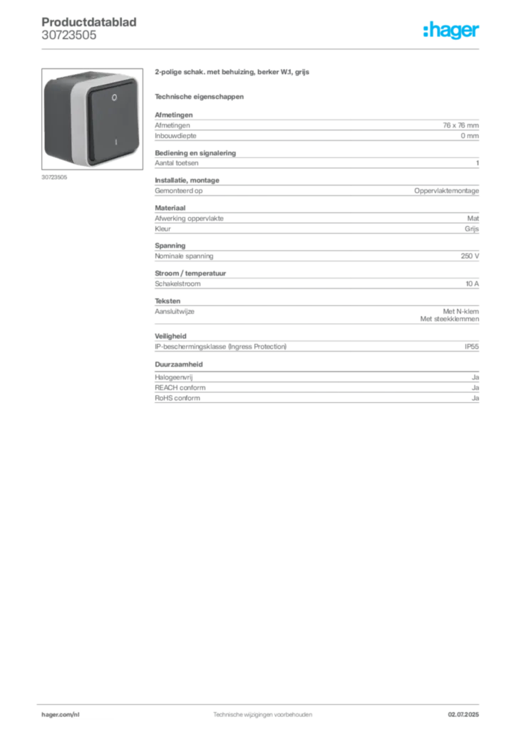 Afbeelding Hager Productdatablad 30723505 | Hager Nederland