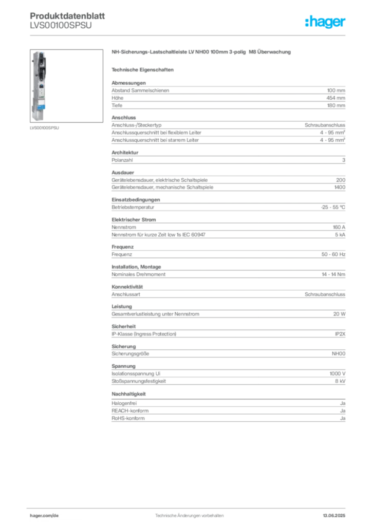 Bild Hager Produktdatenblatt LVS00100SPSU | Hager Deutschland