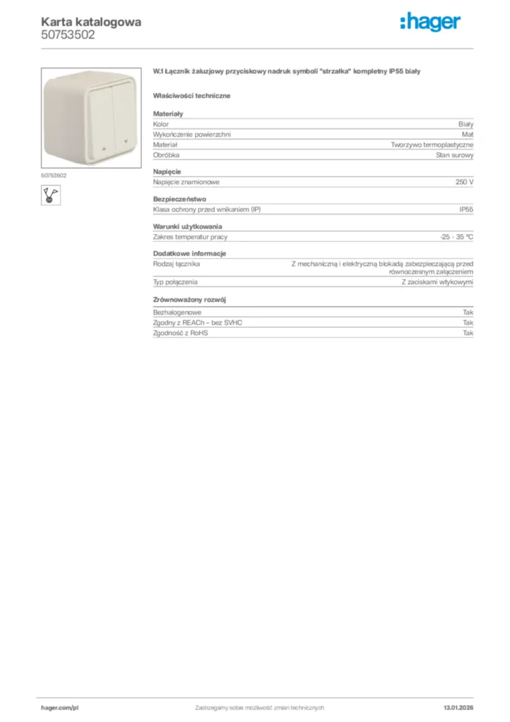 Zdjęcie Hager Karta katalogowa 50753502 | Hager Polska