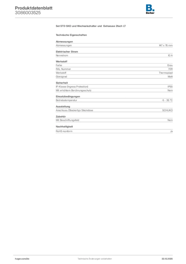 Bild Berker Produktdatenblatt 3086003525 | Hager Deutschland