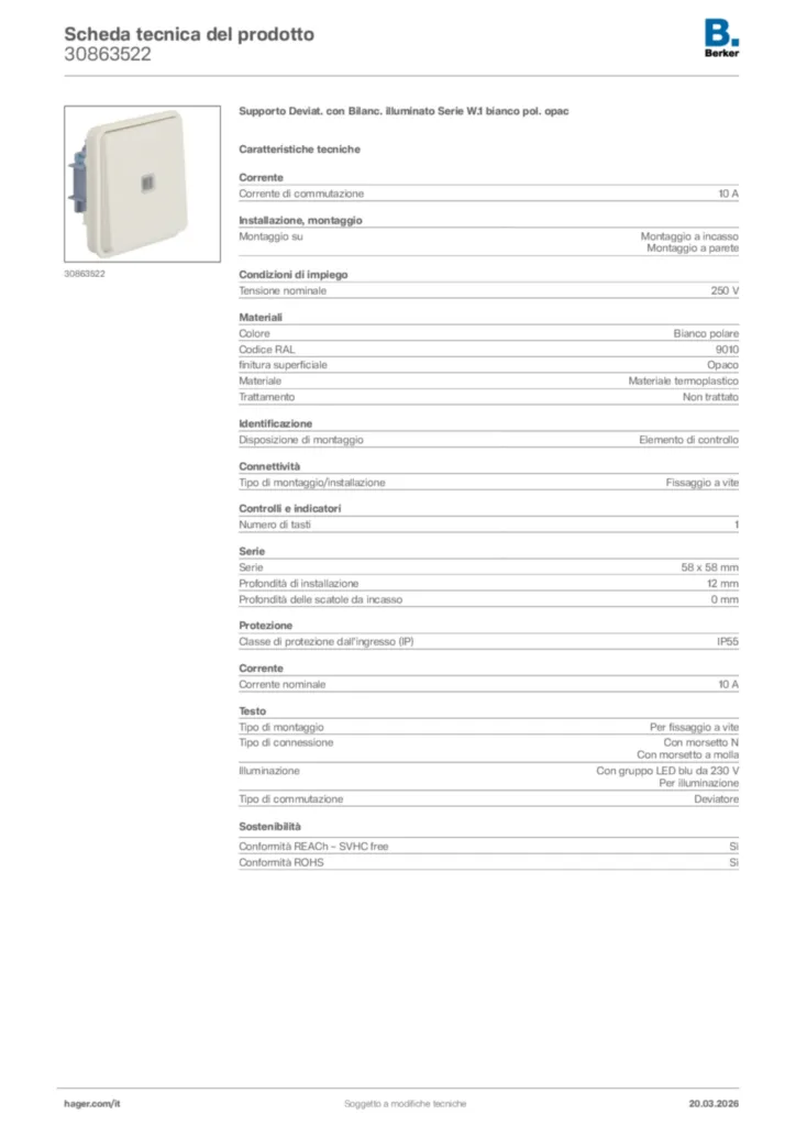 Immagine Berker Scheda tecnica del prodotto 30863522 | Hager Italia