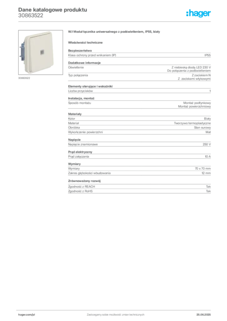Zdjęcie Hager Dane katalogowe produktu 30863522 | Hager Polska