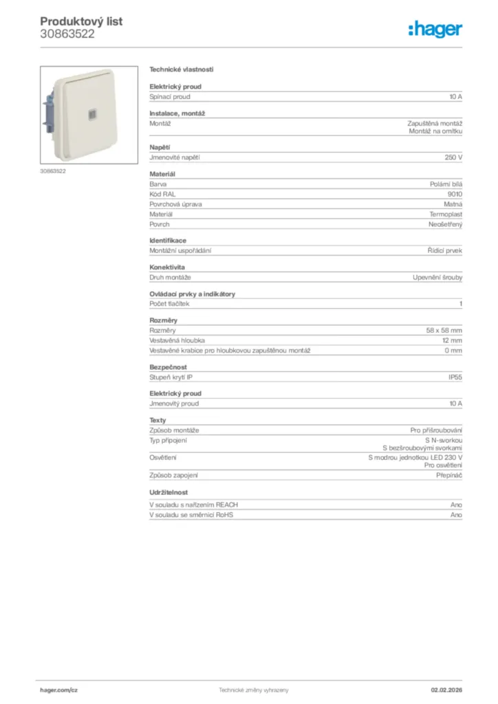 Obrázek Hager Product data sheet 30863522 | Hager
