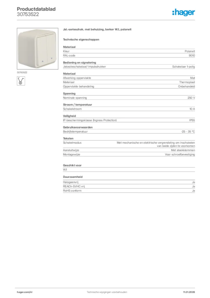Afbeelding Hager Productdatablad 30753522 | Hager Nederland