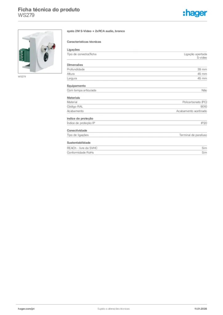 Imagem Hager Ficha técnica do produto WS279 | Hager Portugal