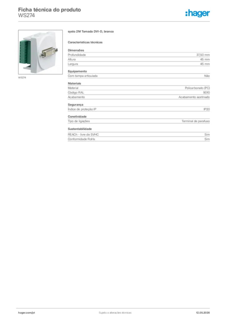 Imagem Hager Ficha técnica do produto WS274 | Hager Portugal