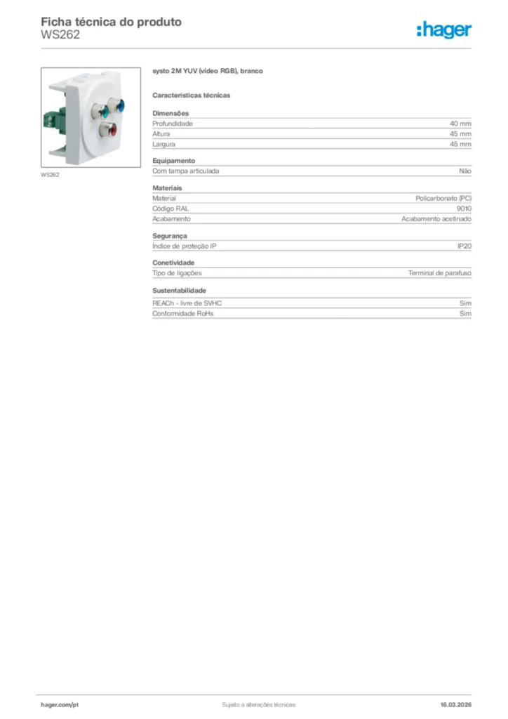 Imagem Hager Ficha técnica do produto WS262 | Hager Portugal