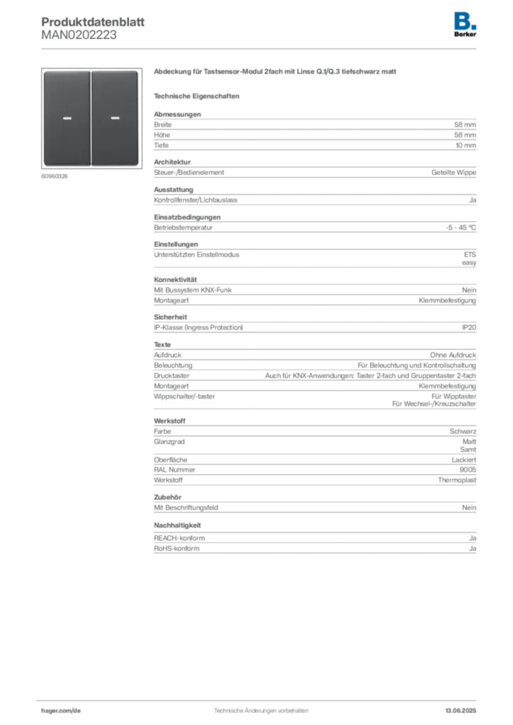 Bild Berker Produktdatenblatt MAN0202223 | Hager Deutschland
