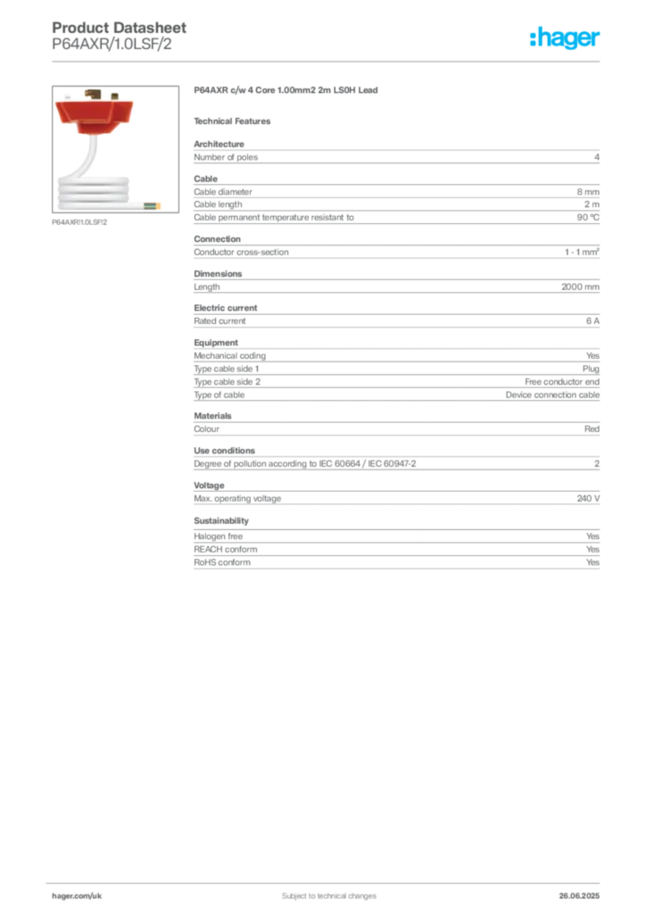 Image Hager Product data sheet P64AXR/1.0LSF/2  | Hager