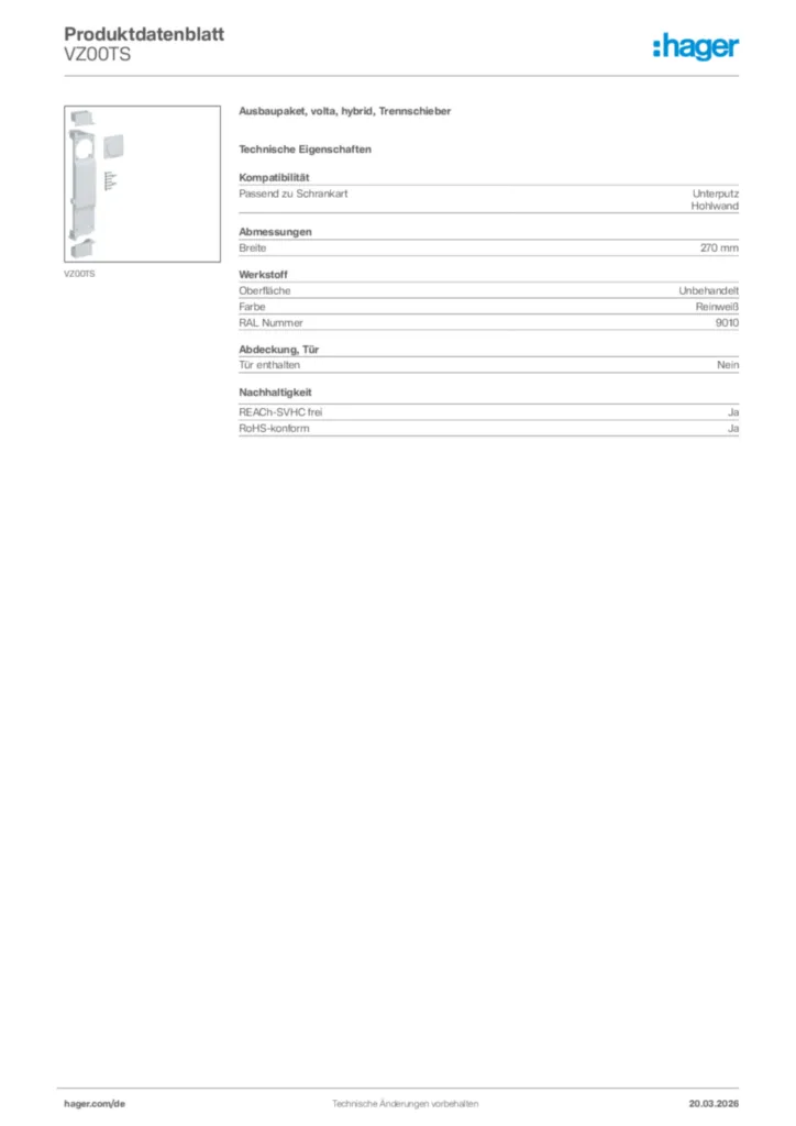 Bild Hager Produktdatenblatt VZ00TS | Hager Deutschland