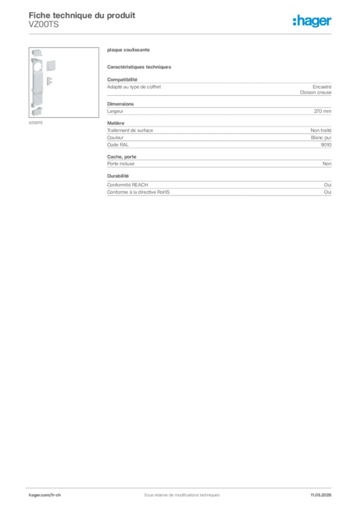 Image Hager Fiche technique du produit VZ00TS | Hager Suisse