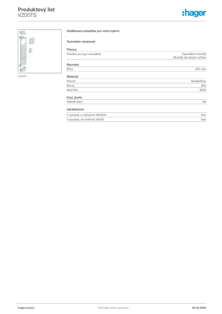 Obrázek Hager Product data sheet VZ00TS | Hager