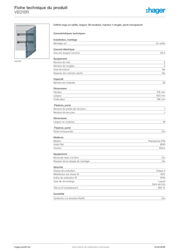 Image Hager Fiche technique du produit VB218R | Hager Belgique
