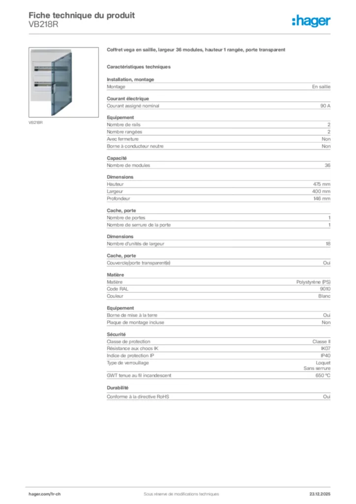 Image Hager Fiche technique du produit VB218R | Hager Suisse