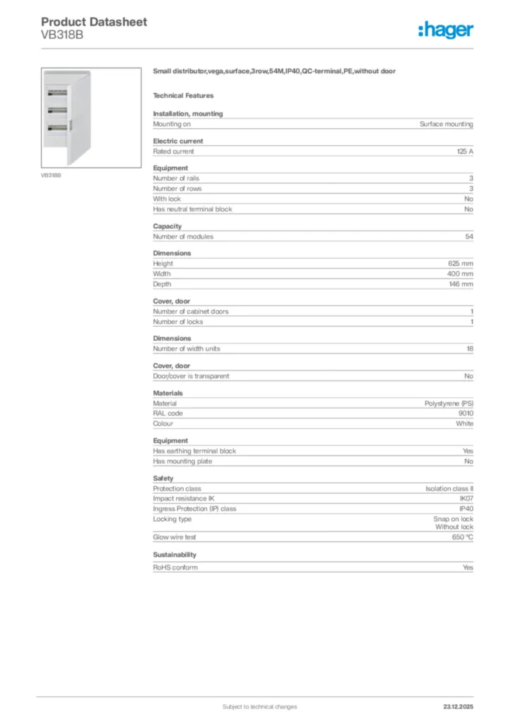 Image Hager Product data sheet VB318B  | Hager Africa