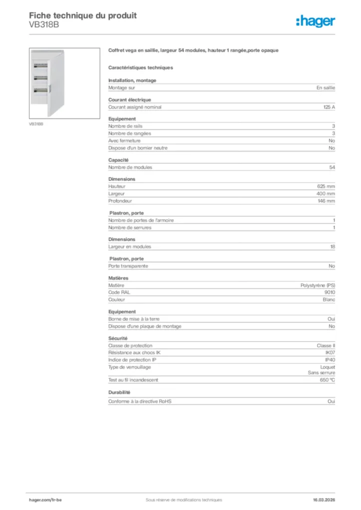 Image Hager Fiche technique du produit VB318B | Hager Belgique