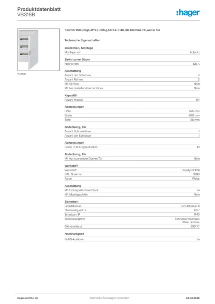 Bild Hager Produktdatenblatt VB318B | Hager Schweiz