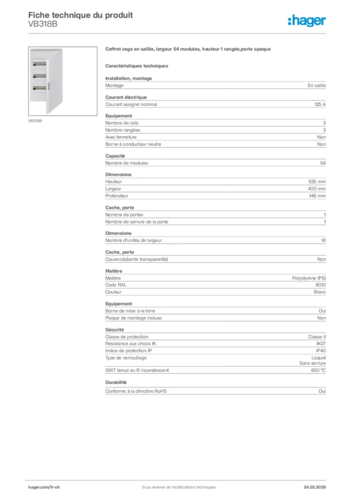 Image Hager Fiche technique du produit VB318B | Hager Suisse