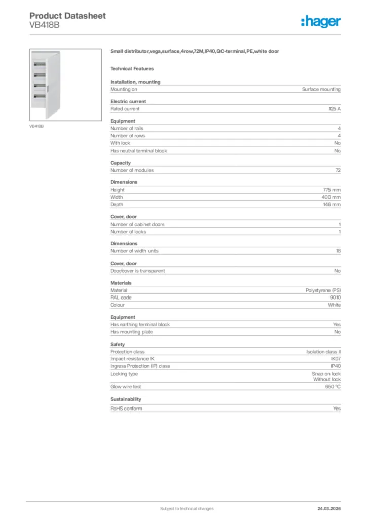 Image Hager Product data sheet VB418B  | Hager Africa