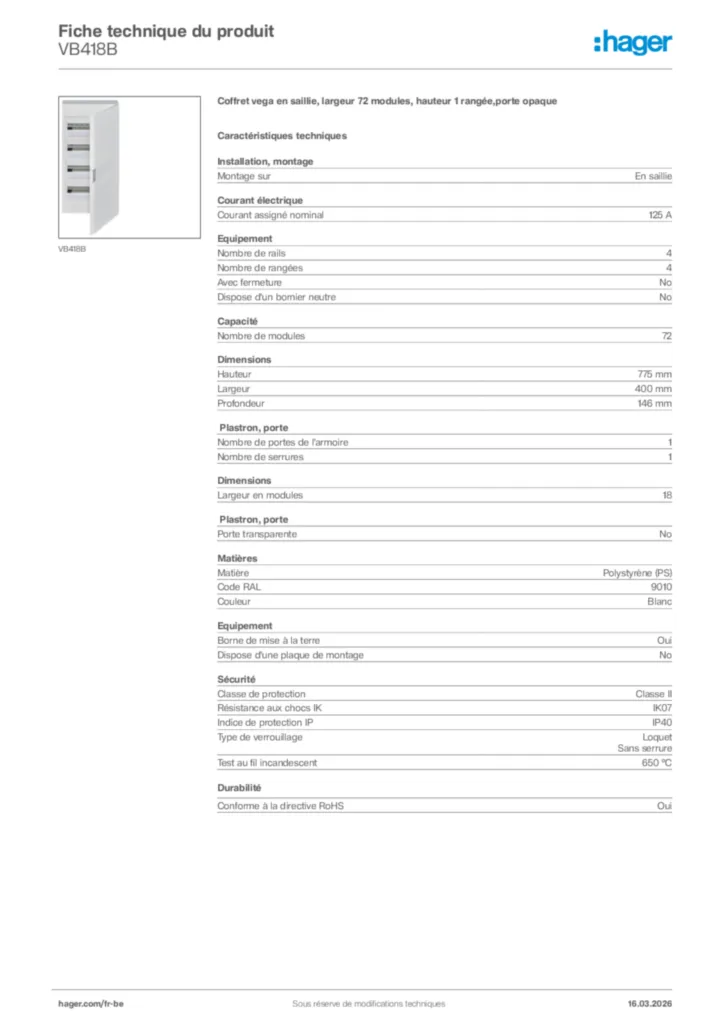 Image Hager Fiche technique du produit VB418B | Hager Belgique