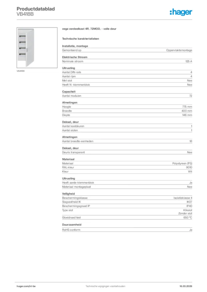 Afbeelding Hager Productdatablad VB418B | Hager Belgium