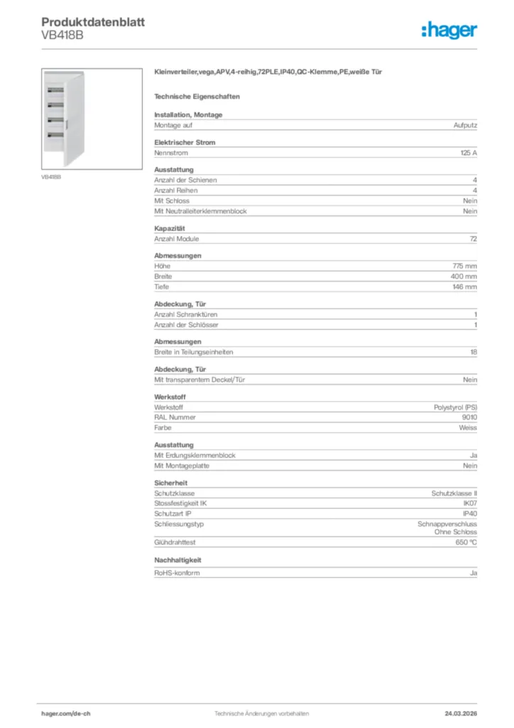 Bild Hager Produktdatenblatt VB418B | Hager Schweiz