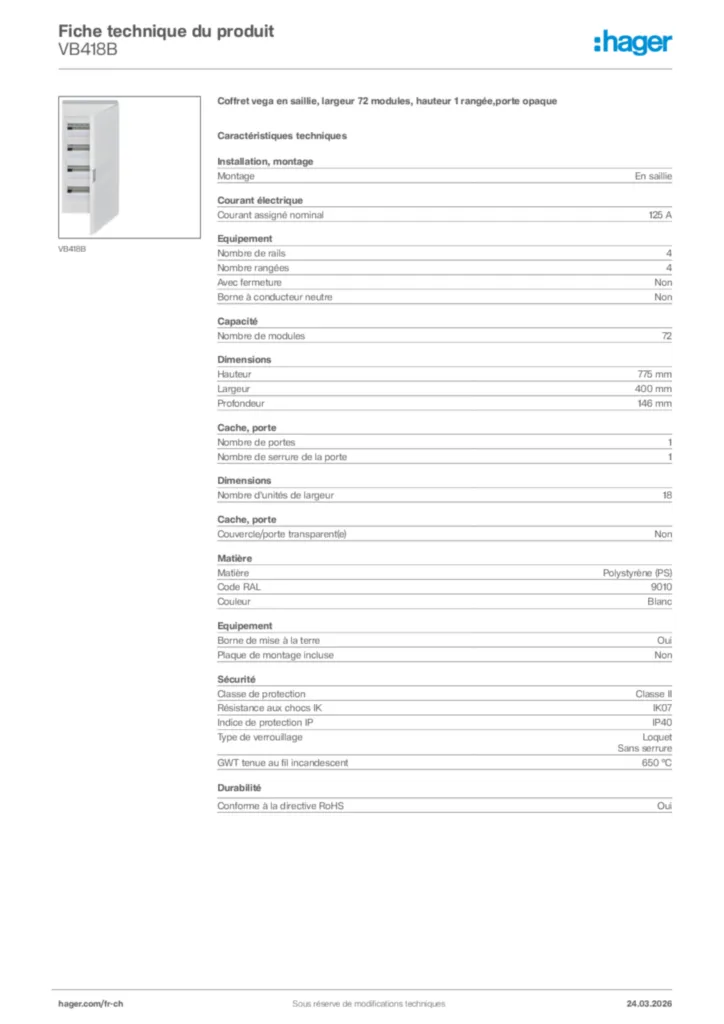Image Hager Fiche technique du produit VB418B | Hager Suisse