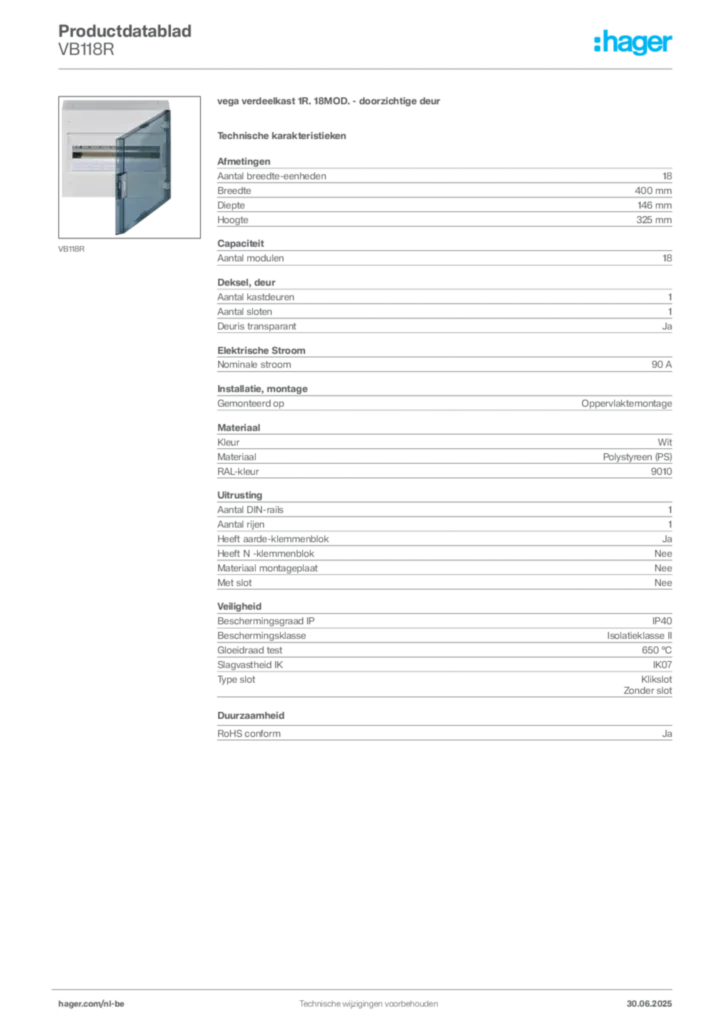 Afbeelding Hager Productdatablad VB118R | Hager Belgium
