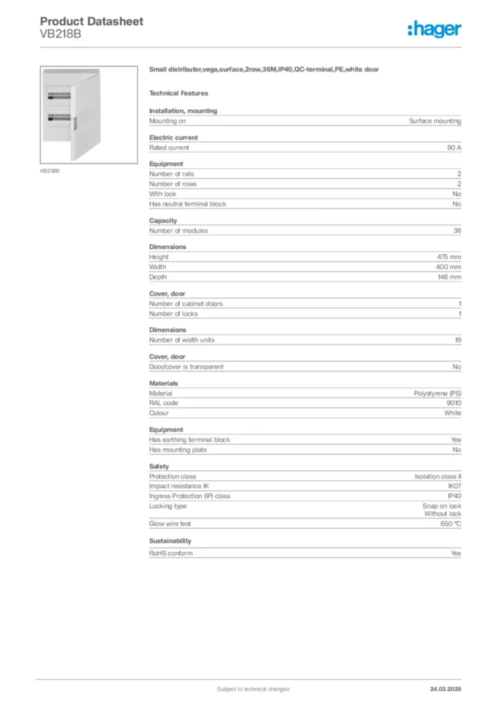 Image Hager Product data sheet VB218B  | Hager Africa