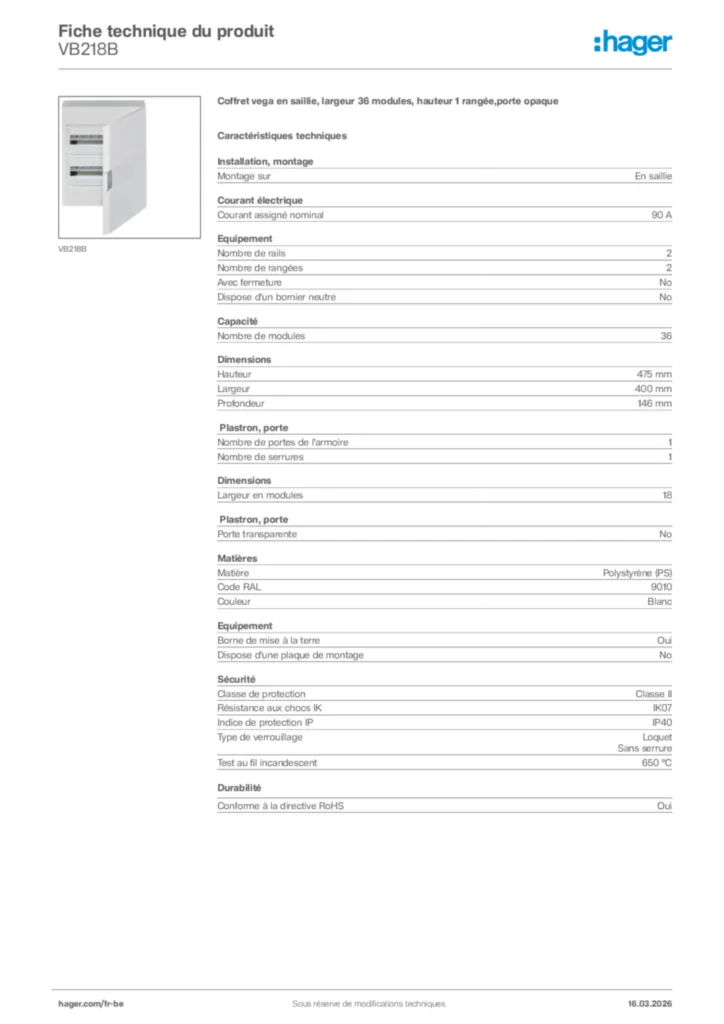 Image Hager Fiche technique du produit VB218B | Hager Belgique