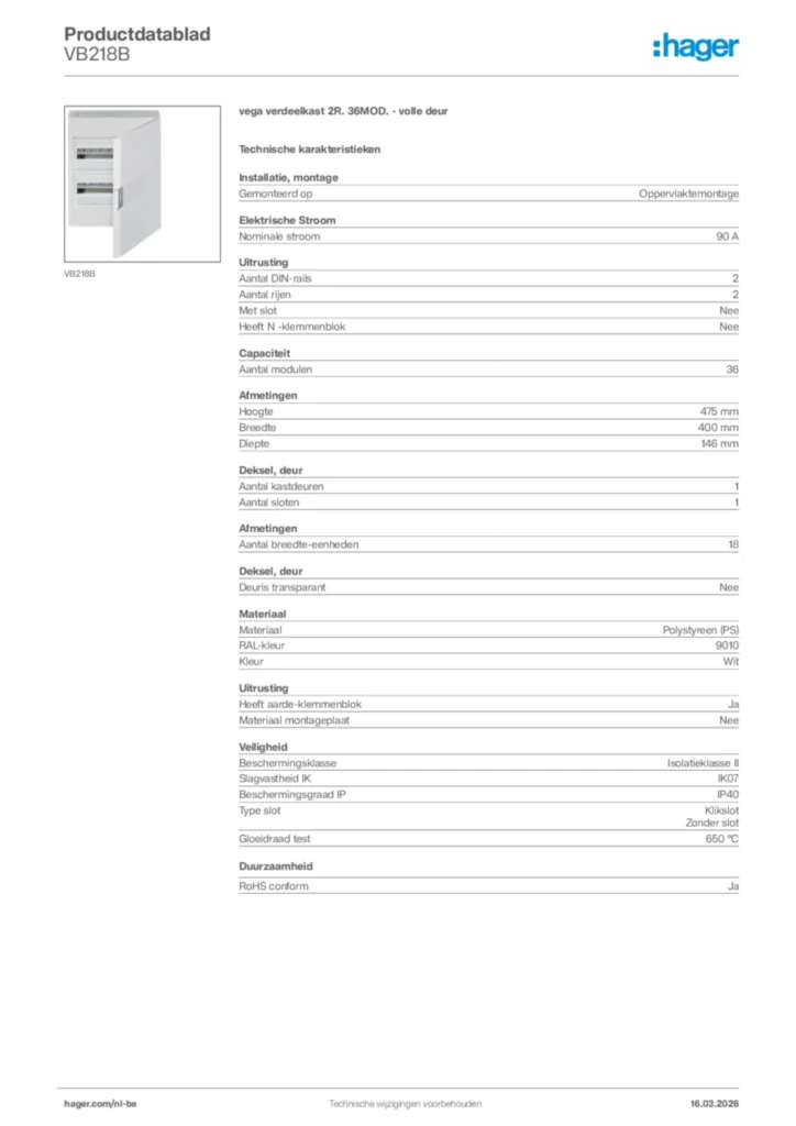 Afbeelding Hager Productdatablad VB218B | Hager Belgium