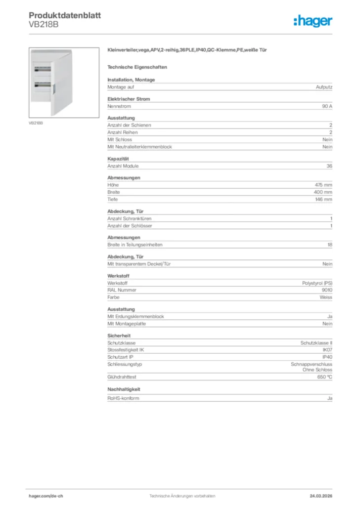 Bild Hager Produktdatenblatt VB218B | Hager Schweiz