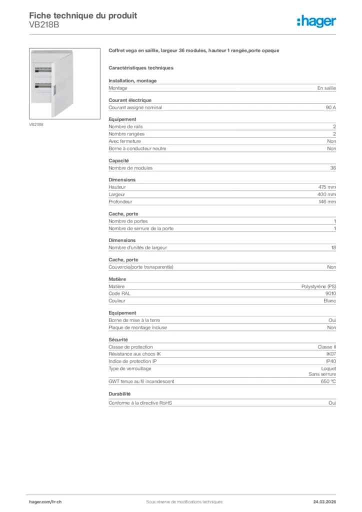 Image Hager Fiche technique du produit VB218B | Hager Suisse