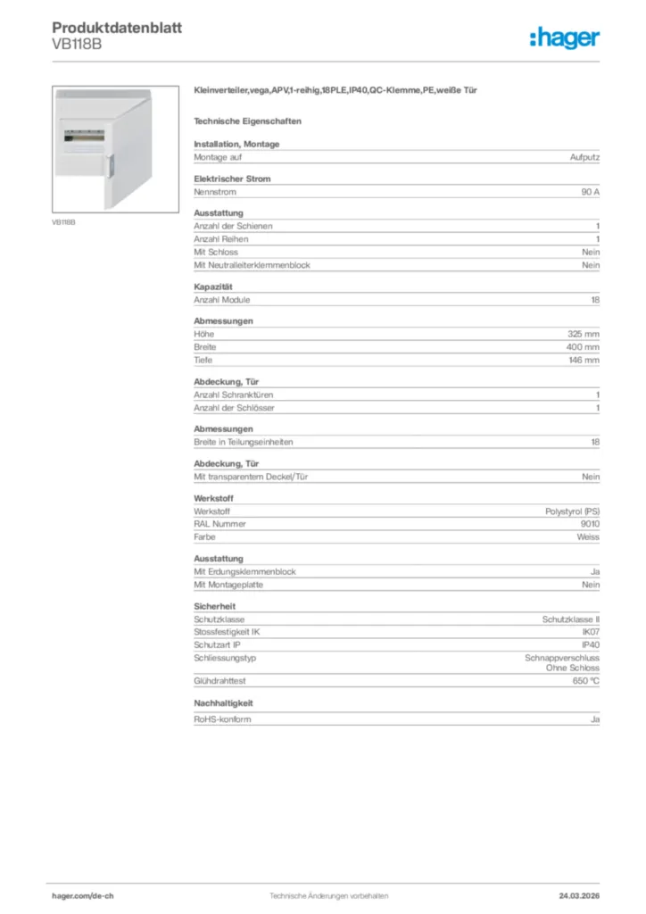 Bild Hager Produktdatenblatt VB118B | Hager Schweiz