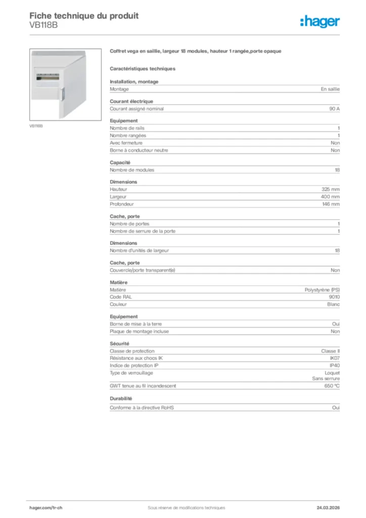 Image Hager Fiche technique du produit VB118B | Hager Suisse
