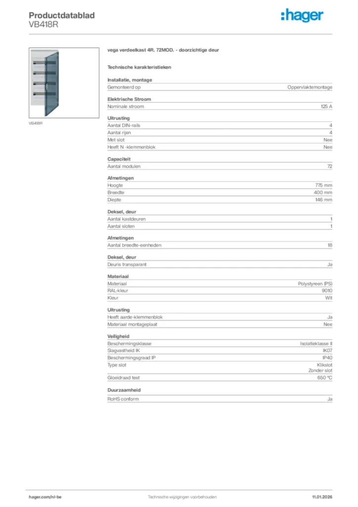 Afbeelding Hager Productdatablad VB418R | Hager Belgium