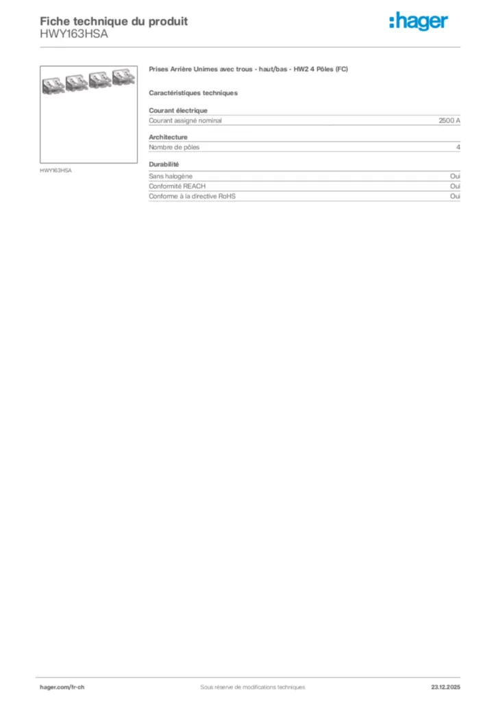 Image Hager Fiche technique du produit HWY163HSA | Hager Suisse