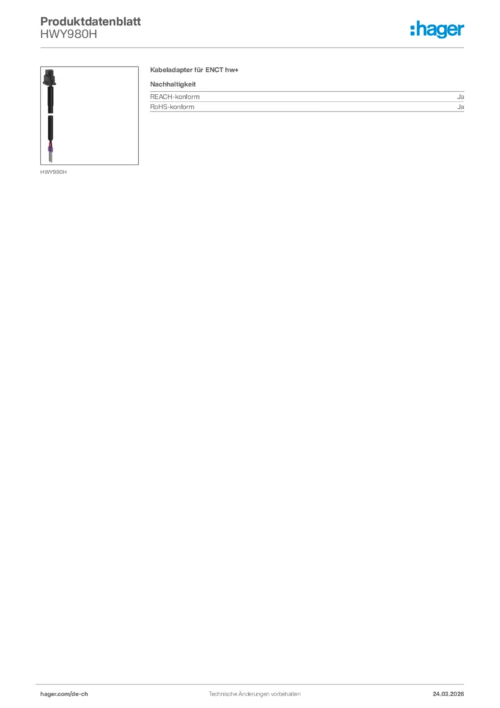 Bild Hager Produktdatenblatt HWY980H | Hager Schweiz