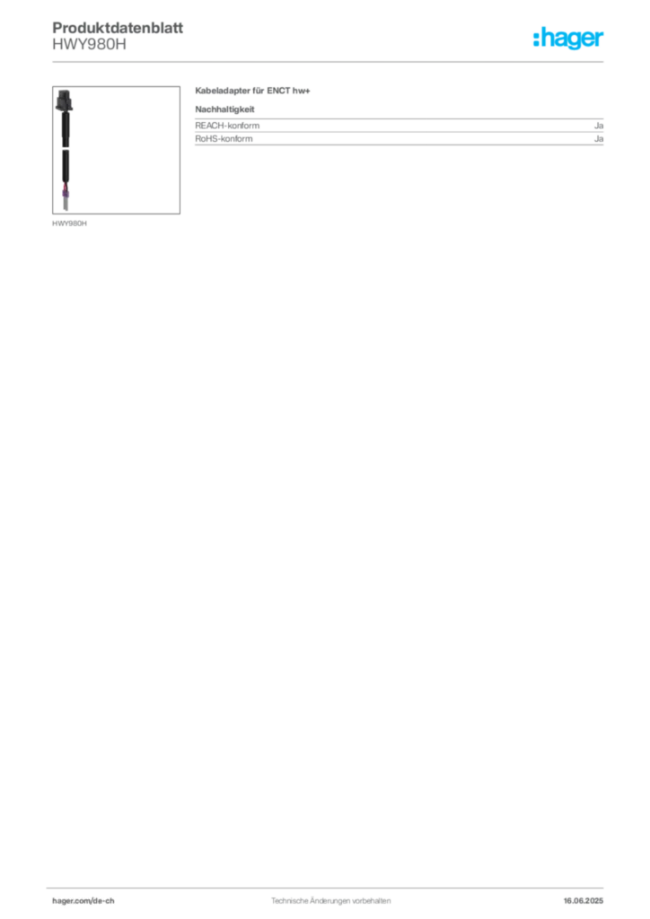 Bild Hager Produktdatenblatt HWY980H | Hager Schweiz