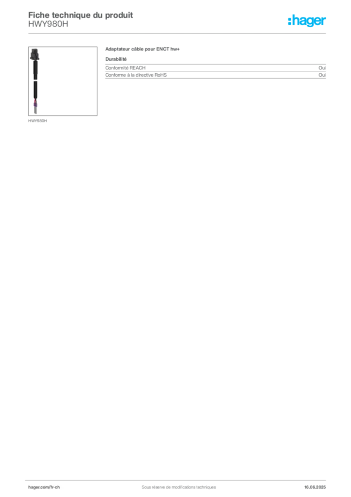 Image Hager Fiche technique du produit HWY980H | Hager Suisse